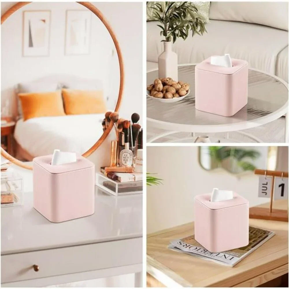 Pink PU leather tissue box cover square tissue holder bathroom bedroom office